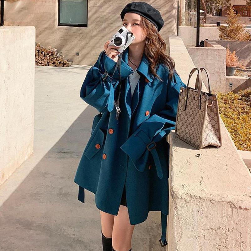 

Women's Trench Coats Korea Chic Coat Women Autumn 2021 Laple Loose Double Breasted Long Sleeve Blue Windbreaker Female Tide, Tan;black