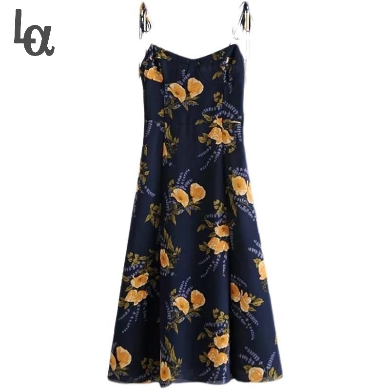 

French Sweet Vintage Orange Floral Dress Women Casual Spaghetti Strap Beach Cami Summer Office Lady Party Vestidos 210519, Navy blue