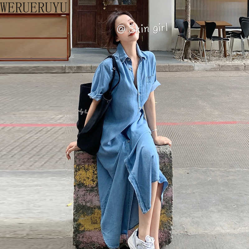 

WERUERUYU Loose Front Single Breasted Button Casual Midi Long Thin Denim Dress Women Korean Summer Sexy Fashion 210608, Photo color
