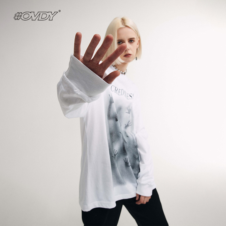 

wxwovdy men's 2021 autumn winter fashion brand new personality ins psychedelic print round neck loose long sve t-shirt, White;black