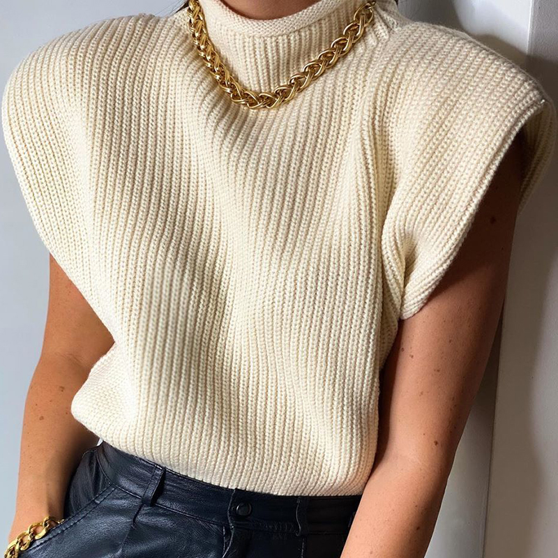 

Evfer Autumn Fashion Ladies Za Shoulder Pad Yellow Knitted Pullover Sweaters Women Casual Sleeveless Turtleneck Knitwear Tops, Default color
