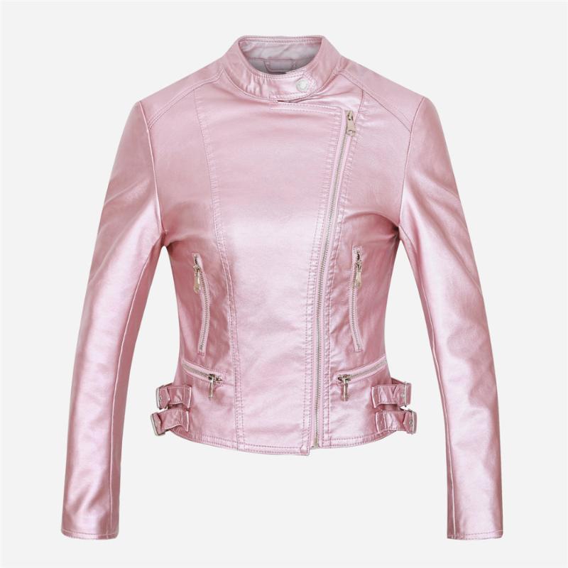 

Women's Leather & Faux Women Jacket Metel Color Pink Red Black Silver Elbow Patchwork Adjusted Waist Back Pattern S- Short Pu Coat 17Dec