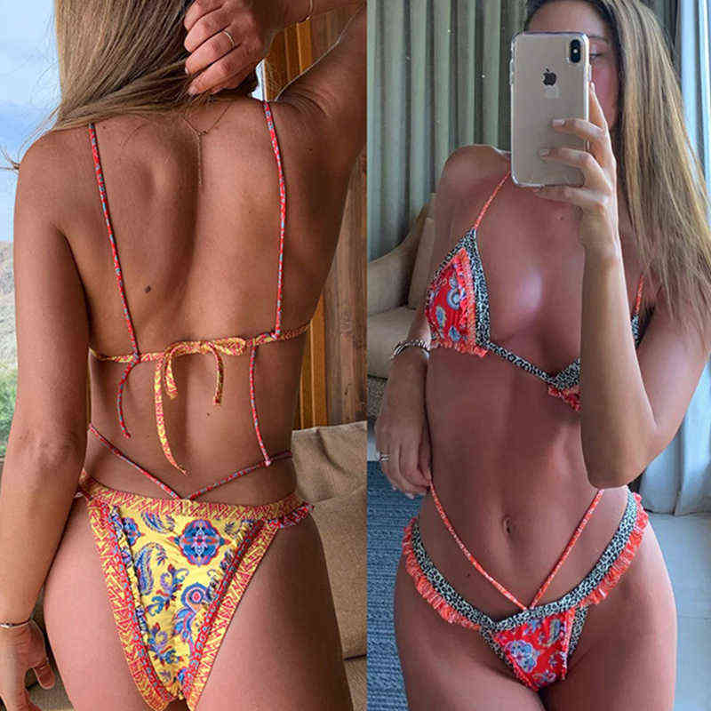 

Bohemian Symmetrical Printed Bikini Fluorescent Strap Split Swimsuit Woman Fashion Low-waist Split Swimsuit Ins, White;black