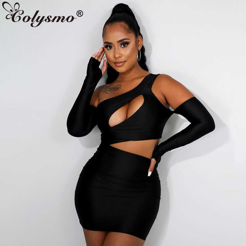 

Colysmo One Shoulder Dress Cut out Long Sleeve High Waist Bodycon Mini Dresses Woman Party Night Fall Fashion Sexy Vestidos 210527, Black