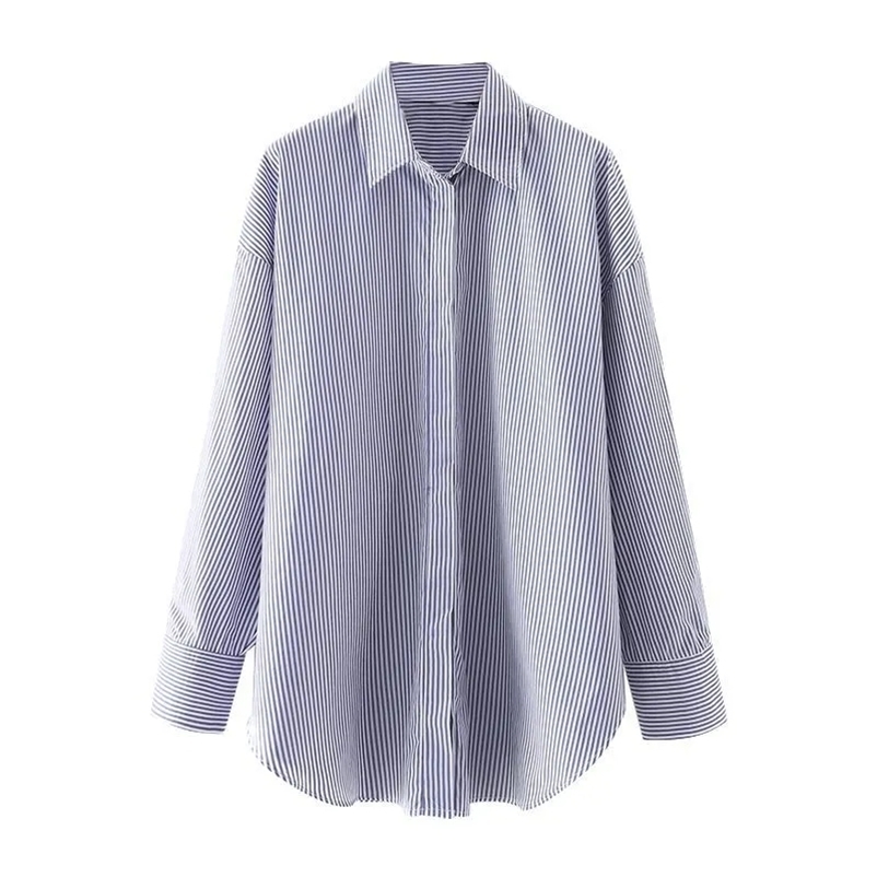 

Summer Cotton and Polyester Turn-down Collar Straight Long Blue Striped Single Breasted Button Women Shirt 210524