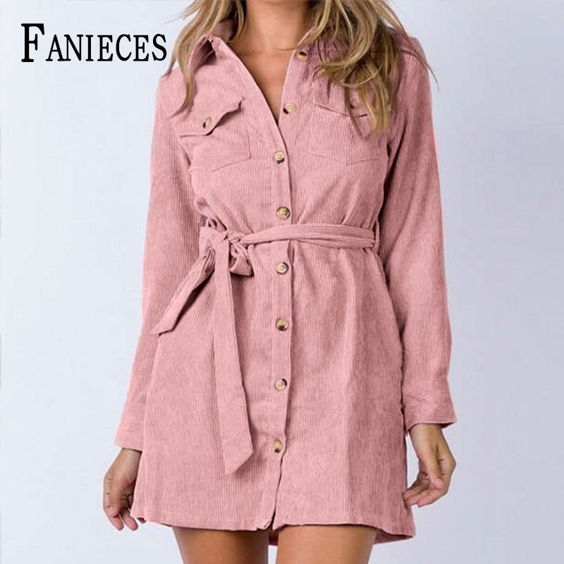 

Spring Autumn Ins Casual Pink Mini Dress Women Corduroy Lace-up Short Shirt Dresses Single-Breasted vestido de mulher femme robe 210520