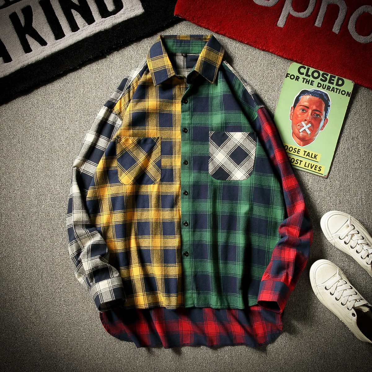 

Streetwear Long Sleeved Flannel Shirts 100% Cotton Woven Yarn Dyed Plaid Patchwork Pockets, Color 1