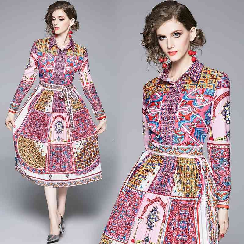 

Top New Women's Runway Printed Pleated Empire Waist Dress Elegant Button Front Lapel Neck Office Lady Sexy Slim Party Evening Maxi Dresses, Black;gray