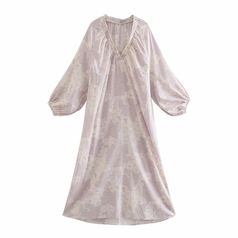 

women print dress summer V-neck pleated lantern sleeve A-line long fashion female 210524, Beige