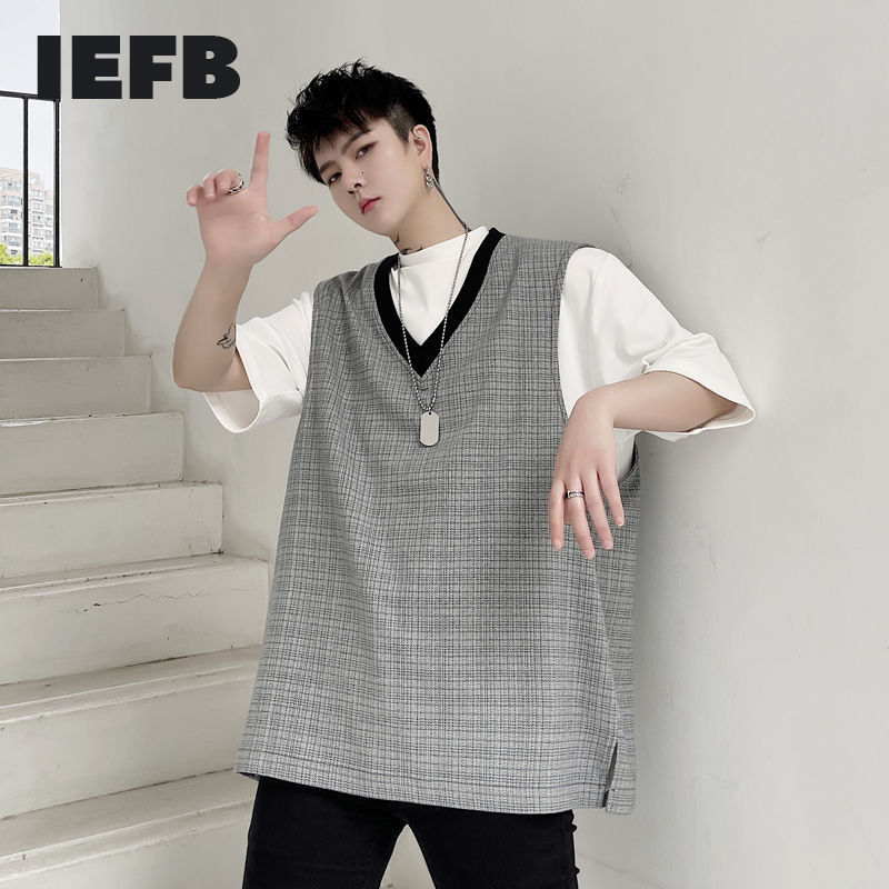 

IEFB Spring And Summer Plaid Contrast Thread V Collar Pullover Vest Men's Loose Causal Big Size Sleeveless Waistcoat 9Y7076 210524, Yellow