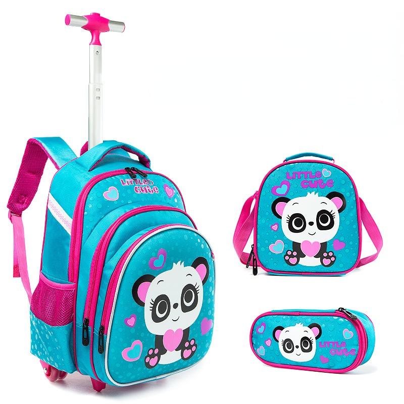

School Bags Cute Panda Wheeled Backpack Bag Set For Girls Trolley With Wheels Student Rolling Multifunctional