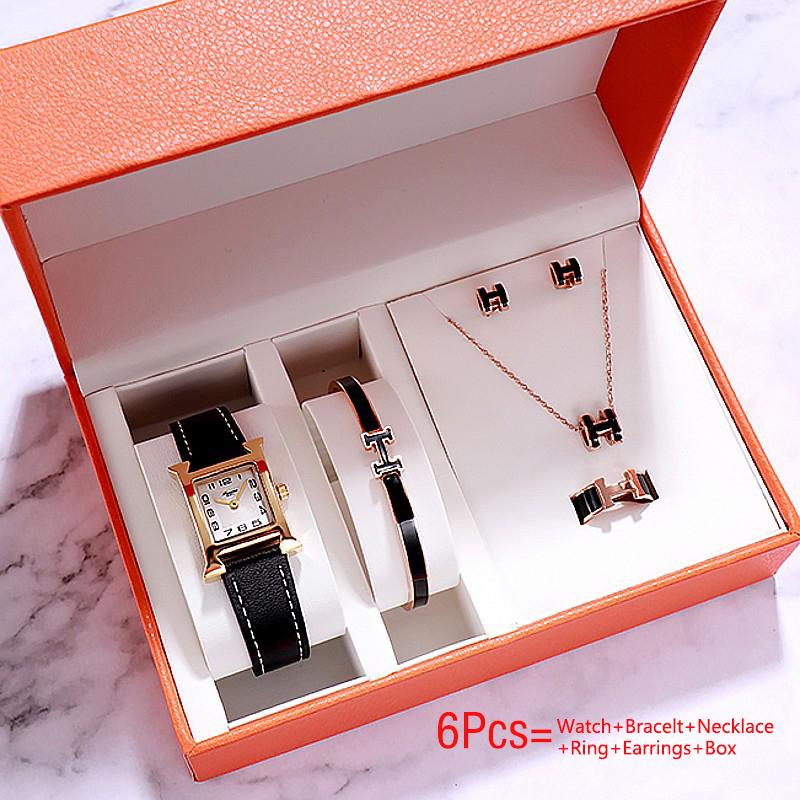 

Wristwatches Quartz Watch Women Watches Bracelet Earrings Necklace 6Pcs Set Ladies Clock Female Wristwatch Gift With Box, Slivery;brown