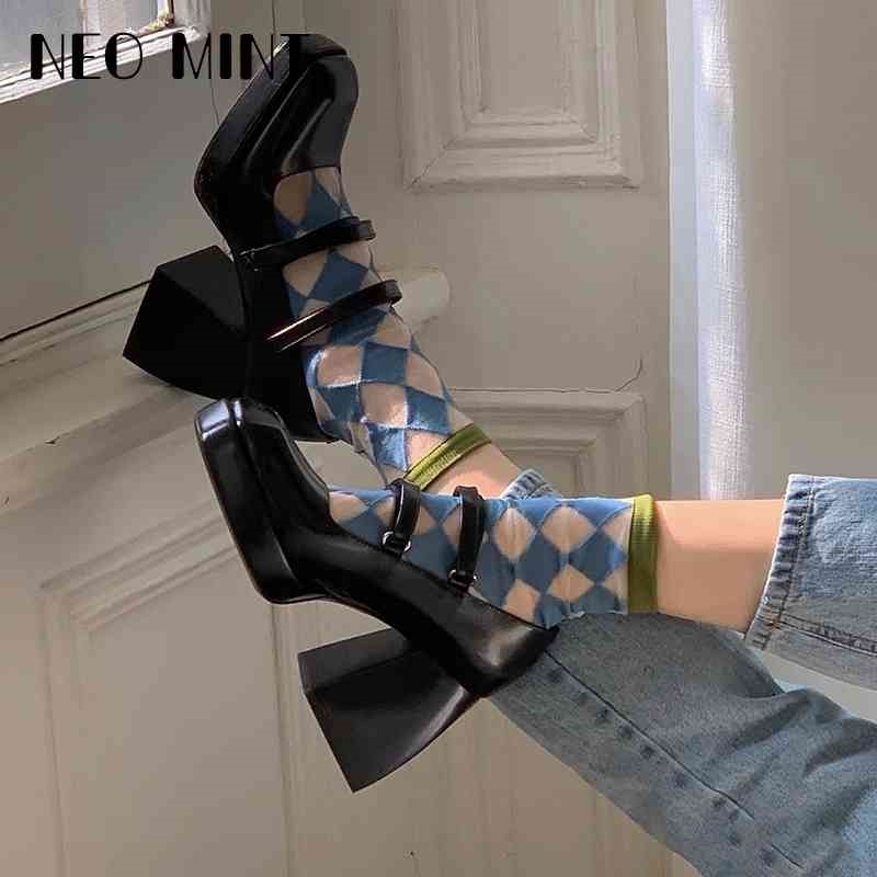 

Retro Thick Sole Mary Jane Shoes Women's Shallow Square Head Platform High Heels Velcro Wedges Party Pumps Punk Shoes 210409, Black