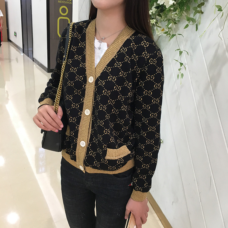 

Autumn High End Luxury and Winter g Family Gold Silk Wool Bottomed Knitting Cardigan Sweater Coat Female, Black;brown