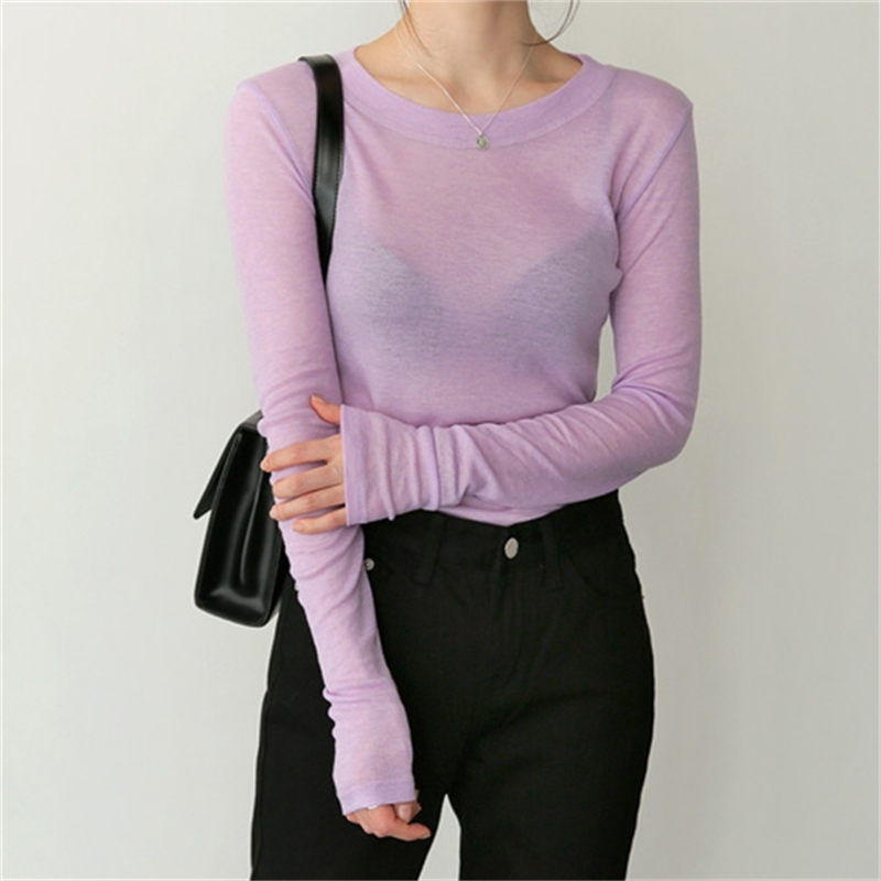 micro through South Korea Women Spring sexy Slim Fit skinny Tee Casual Long Sleeve Tshirt Tops female girls t shirt 210417Z