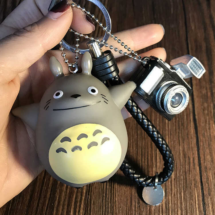 

Cute Totoro Keychain Leather Rope Pompom Porte Clef Women Bag Car Key Chain LED Flashlight Key Chains Fur Keychain Keyring Charm, As pictures