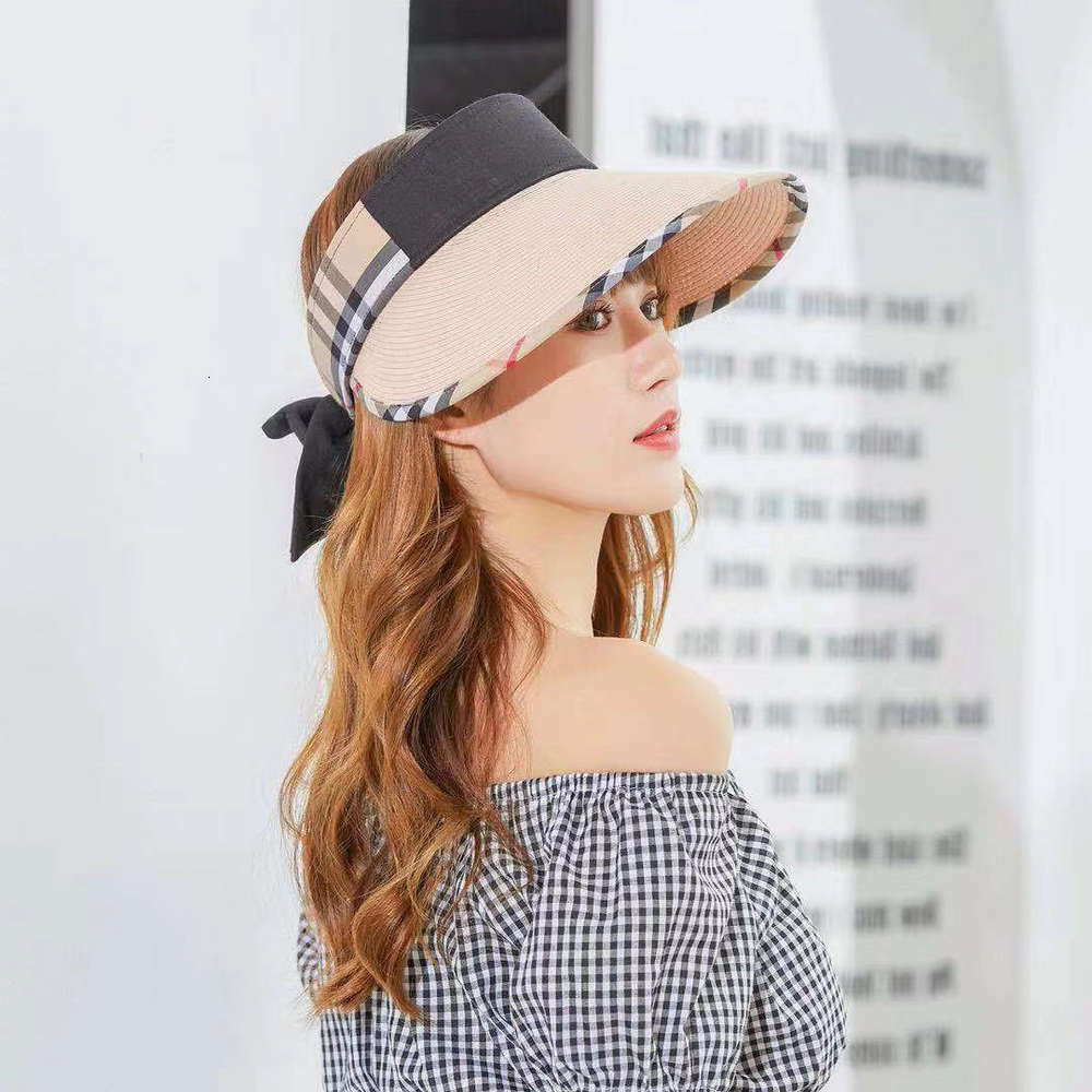 

Hat female empty top hat summer check Cotton sun foldable washable bow Velcro, Blue;gray