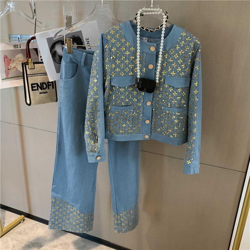 

Women' Two Piece Pants Luxury Design Denim Women Set Sequined Embroidery Button Jacket Coat + High Waist Wide Leg Trousers Suits, Blue