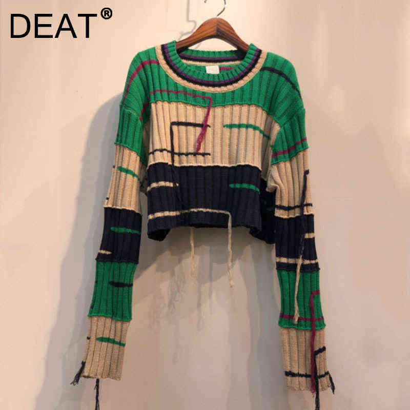 

DEAT Women Short Sweater Color Block Tassel Knit Round Collar Casual Style Loose Pullover Tops 2021 New Autumn Fashion 15AK436 Y1110, Green