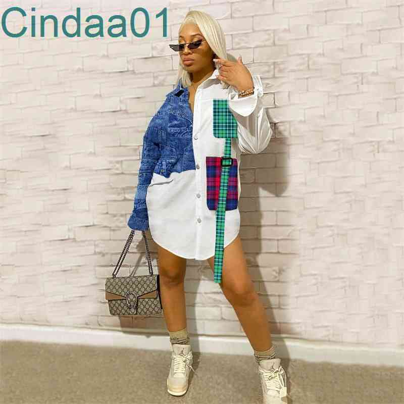 

Women Long Shirts Patchwork Dresses Designer Contrast Stitching Denim Long-sleeved Shirt Dress One-piece Skirt, White