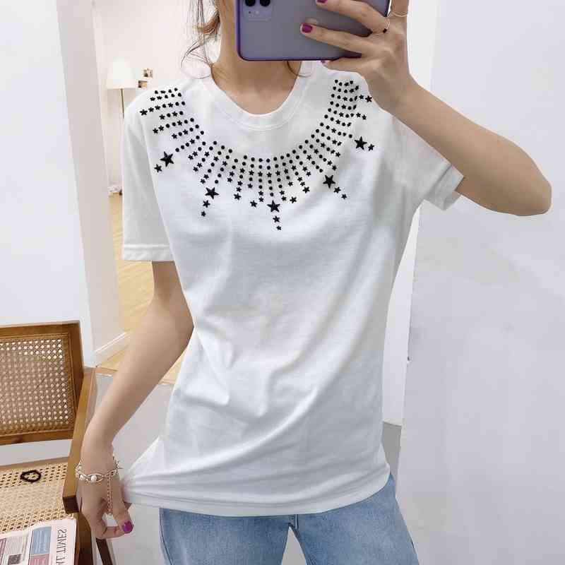 

Casual Summer Tees For Women Short Sleeve Cotton Knit T shirt Preppy Style Printed Tshirts Ladies Tops XZ2384 210525, White