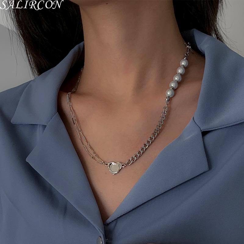 

Pendant Necklaces Punk Geometric Heart Necklace For Women Korean Fashion Silver Color Chains Couple Accessories Simulated Pearls Jewelry
