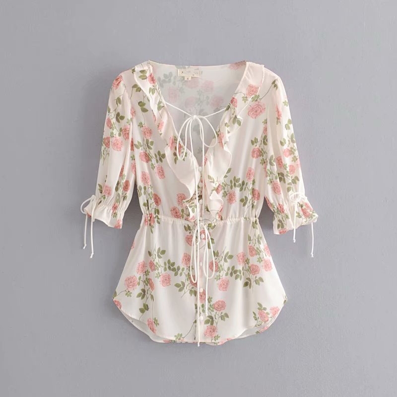 

Stylish Chic Rose Print Ruffles Lace-Up Mini Dress Elegant Women V-Neck Dresses Casual Streetwear Girls Vestidos 210520, Blue