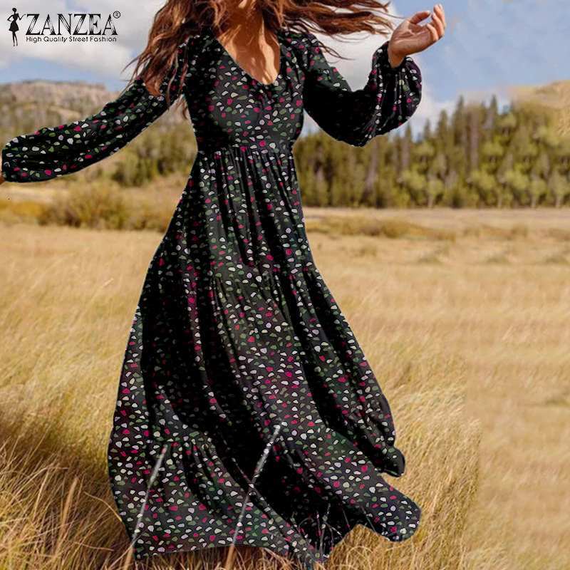 

Casual Dresses Party Robe Bohemian Floral Print Dress Women ZANZEA 2021 Spring Ruffle Maxi Vestidos Ladies Puff Sleeve Sundress A1, White