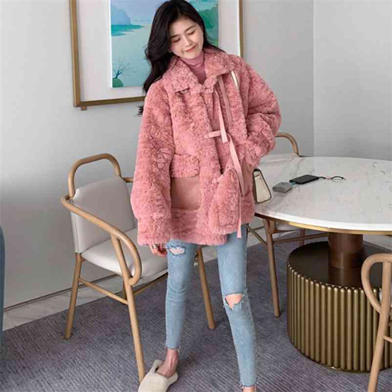 

Autumn Winter Lamb Wool Coat Female Fur Jackets Korean Faux Warm Outerwear Thick Plush Fleece Top 210517, Pink