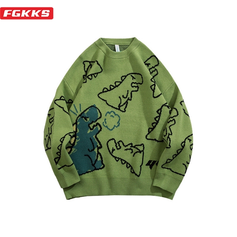 FGKKS Sweater Men Harajuku Fashion Knitted Streetwear Dinosaur Cartoon Pullover O-Neck Oversize Casual Cute Couple Male Sweaters 210809
