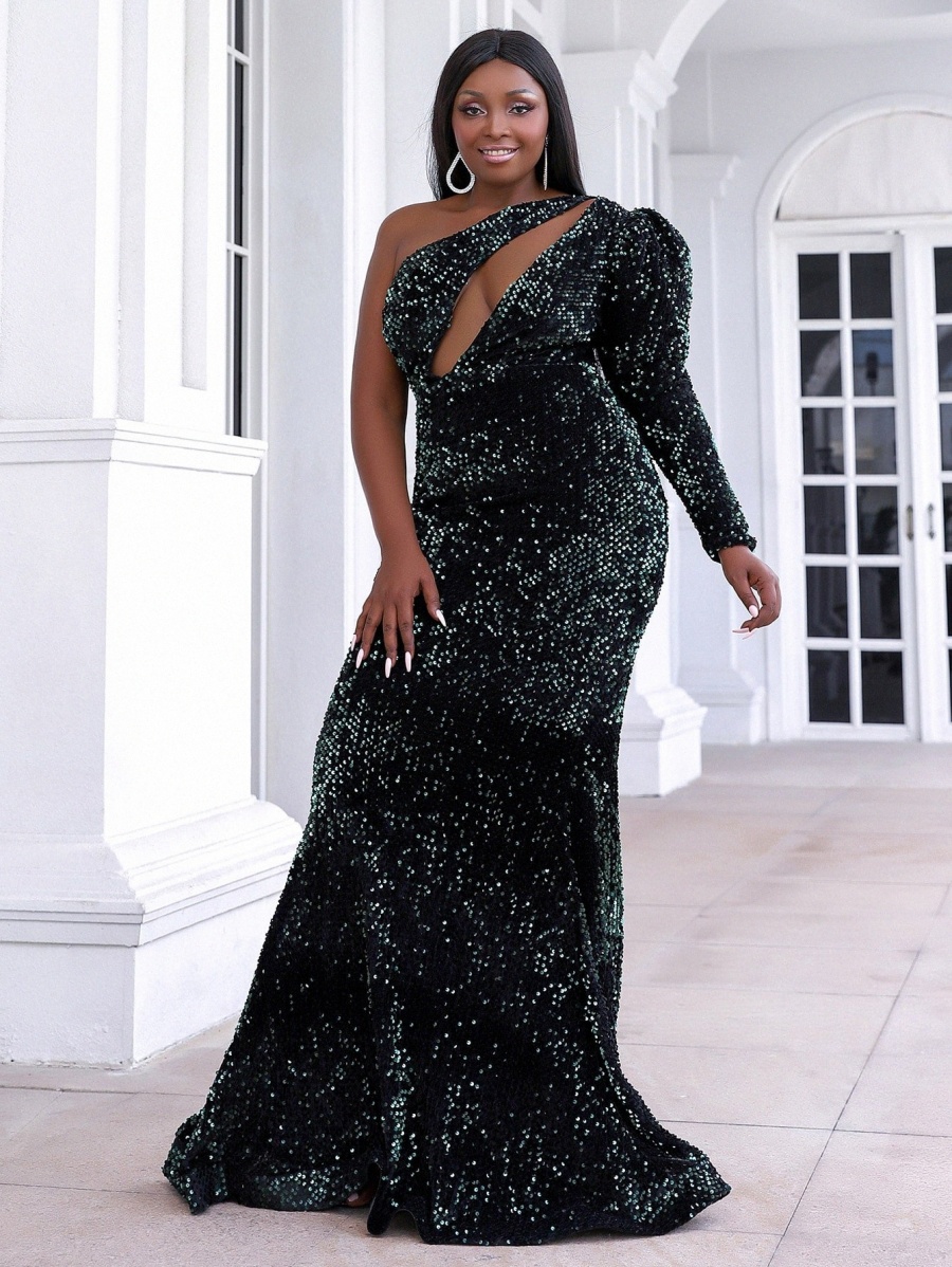 

seomiscky Plus Cut Out Front One Shoulder Sequins Dress k0px#, Dark green