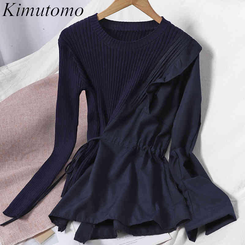 

Kimutomo Casual Knitted Patchwork Blouse Women O-neck Irregular Lace Up Long Sleeve Shirt Korea Chic Spring Autumn 210521, Dark blue