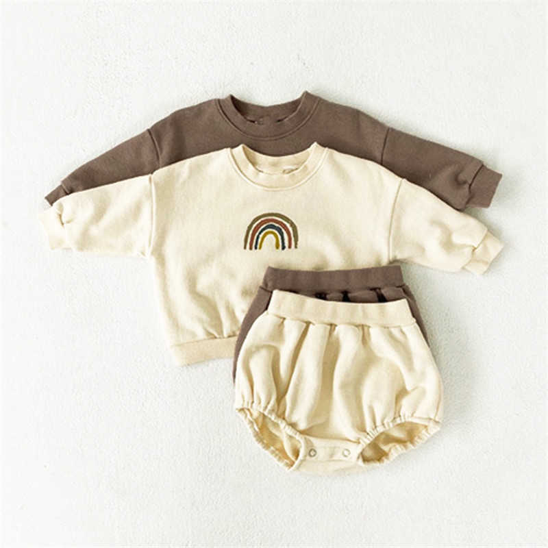 

Korean Baby Boys And Girls Rainbow Clothing Set Long Sleeve Hoodies + Short Children Casual Two Piece Clothes 210615, Coffee