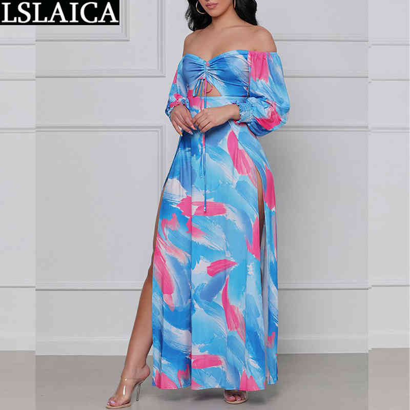 

Fashion One-shoulder Dress Casual Ankle-Length Puff Sleeve Dresses Woman Party Night Thigh Slit Hollow Out Strappy 210520, Blue