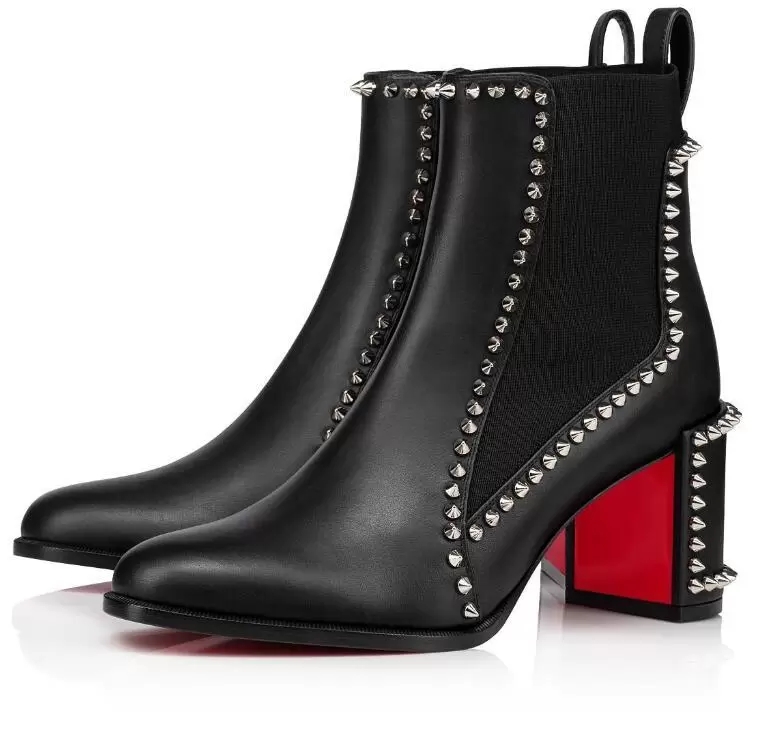 

21s Luxury Designer Women Red Bottom boots Leather Out Line Spike Bottes heel Chunky Heels Studs Lug Sole Ankle Boot Red-Sole Booties Party Wedding