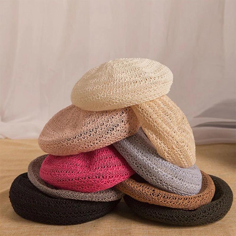 

Summer Women's Hat Fashion Flat Cap Knit Hollow Lace Beret Hats Lady Girl Berets Female Painter Sun Beanie/Skull Caps, White