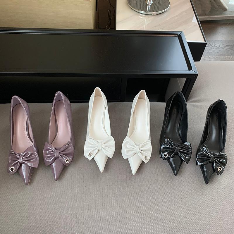 

Dress Shoes Black White Purple Fashion Women Pumps Pointed Toe Shallow Slip On Thin Mid Heels Bow Design Elegant Office Size 35-39