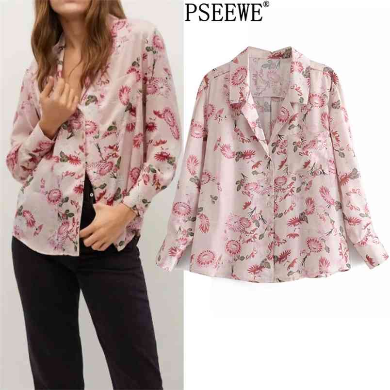 

Women Shirts Pink Floral Print Button Up Female Shirt Spring Fashion Pocket Long Sleeve Streetwear Elegant Blouse 210519