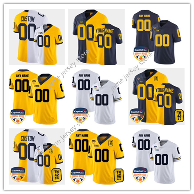 

Mens 2022 Playoff College Michigan Wolverines Football Jersey 10 Tom Brady 2 Woodson 5 Sainristil 97 Aidan Hutchinson 12 McNamara 30 Hill 3 Gary 5 Peppers 9 J.J. Mccarthy, Maize navy with 42 and orange bowlpatch