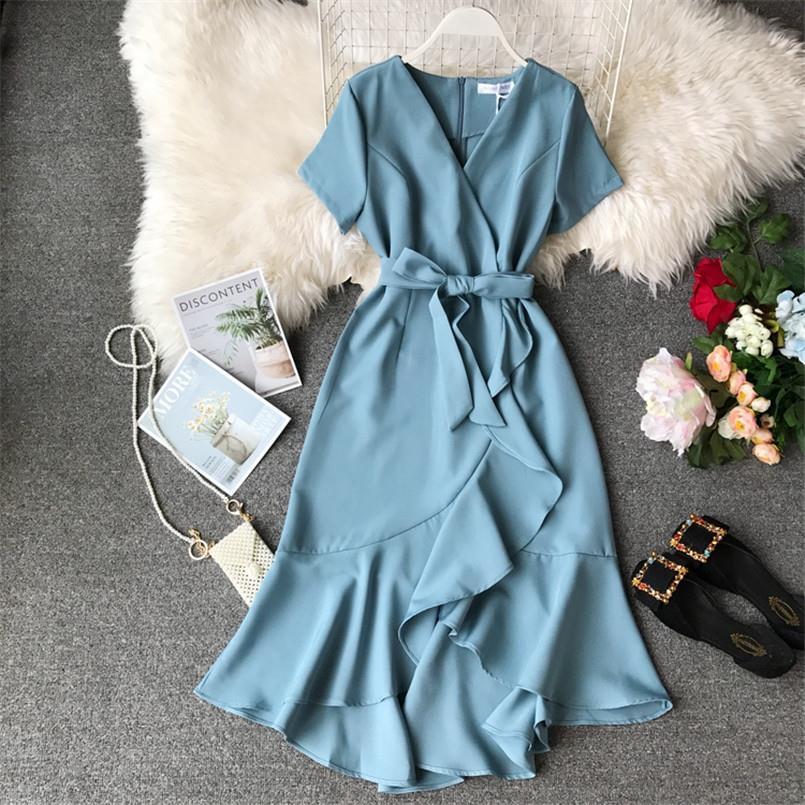 

slim asymmetrical fashion womens dresses v neck summer midi long dress party women bandage irregular casual ruffles elegant vestidos, Black;gray
