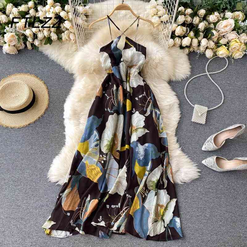 

Women Sexy Dress Summer Hollow Halter Neck Floral Print Beach Dresses Ladies Elegnat V Backless Bohemia Long Robe Vestidos 210602, Brown