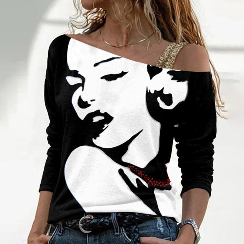 

Women's T-Shirt Women Tshirts Summer Long Sleeve Print Gold Stamping Shiny Sequins One Shoulder Pullover For Spring Plus Size Femme, White