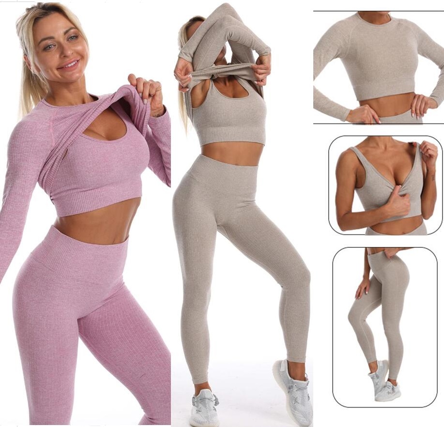 

Tracksuits Designer Women Suit Gym outfits yoga wear Sportswear Fitness track pants Leggings workout sets 3 piece tech wear woman long sleeve shirts bra girls active, Purple-3pcs