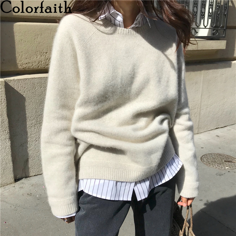 

Colorfaith New 2021 Autumn Winter Womens Sweaters Pullovers Warm Minimalist Korean Oversize Pink Solid Lady Jumpers SW1119JX, Default color