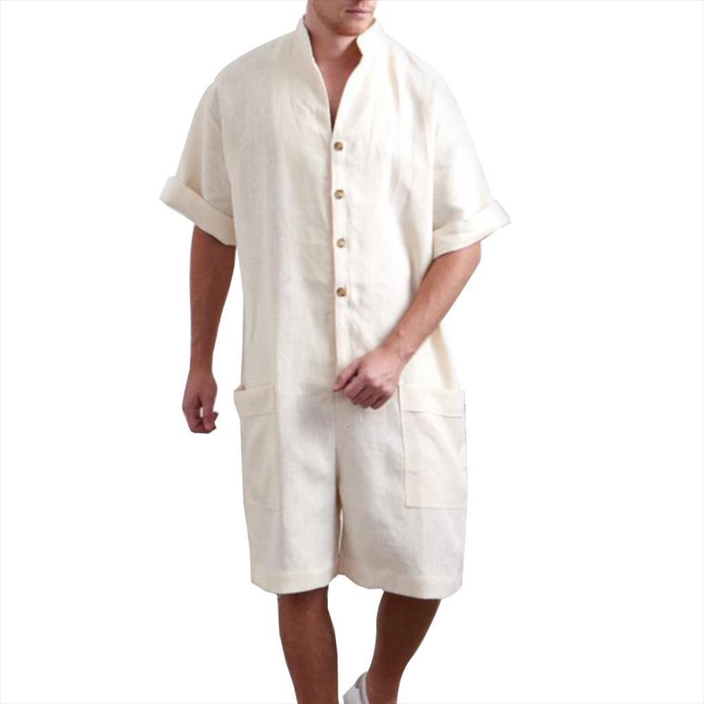 

spring summer jumpsuit cargo punk men tracksuits style hip hop pockets loose pants solid short sleeve shorts streetwear, Gray