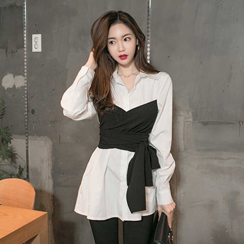 

Autumn Solid Turn Down Collar Color Contrast Lace Up Fake Two Piece Jacket Shirts 210615, White