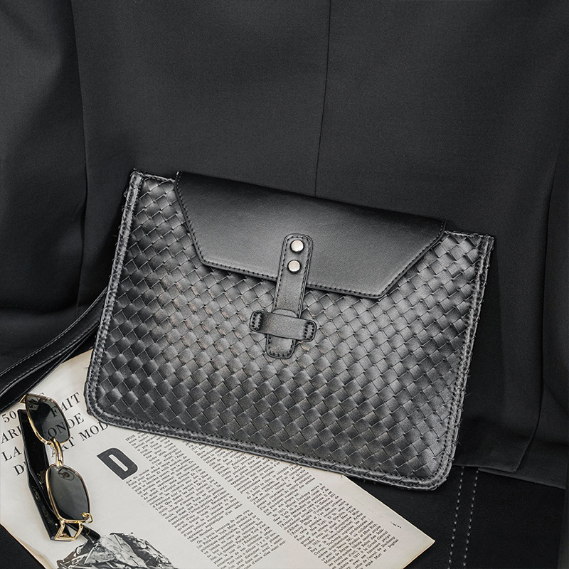 

Wholesale factory leathers men bags personalized ultra-thin business document envelope bag hand Knitting fashion backpacks street trend leather handbag, Black