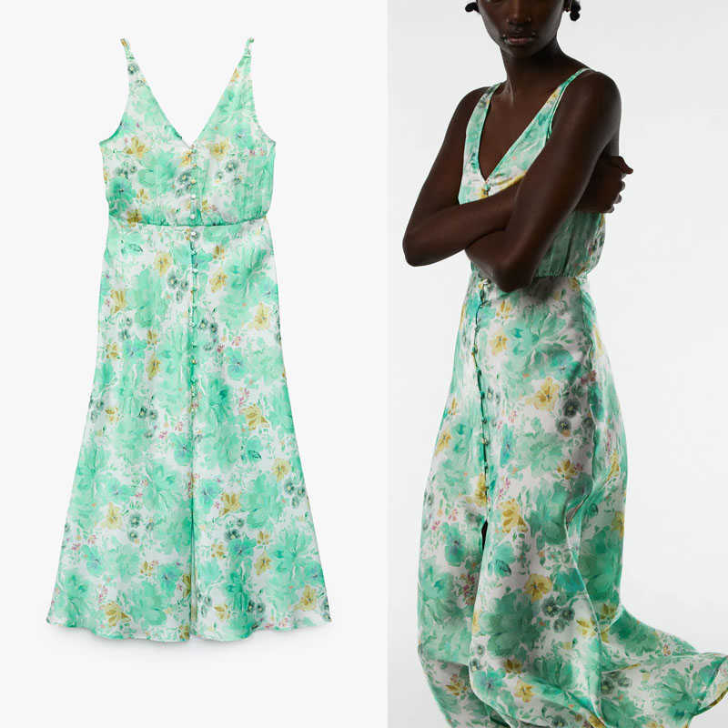 

Za Flower Print Green Mini Dress Women Thin Straps V Neck Vintage Summer Dress Feminine Chic Button Up Elegant Party Dress 210602