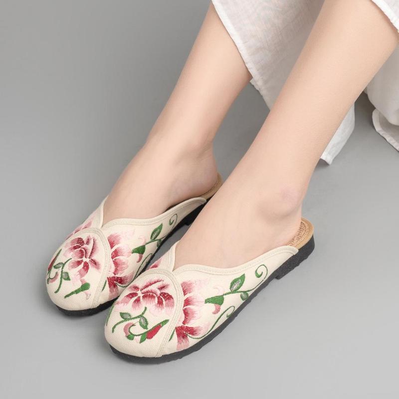 

Slippers Retro Vegan Handmade Ladies Canvas Flat Mules Shoes Soft Bottoms Flowers Embroidered Women Comfort Slides, Black