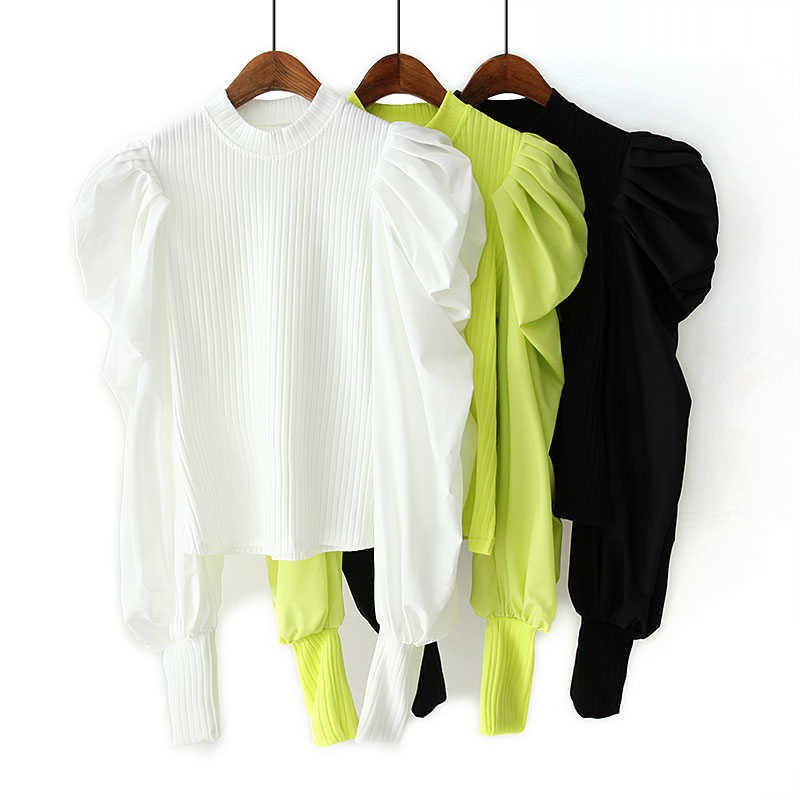 

Chic Women Pullover Sweater Autumn Fashion Puff Sleeve Stretch Knit Body Patched Poplin Sleeve Modern Lady Ruffles Tops 210602, As photo